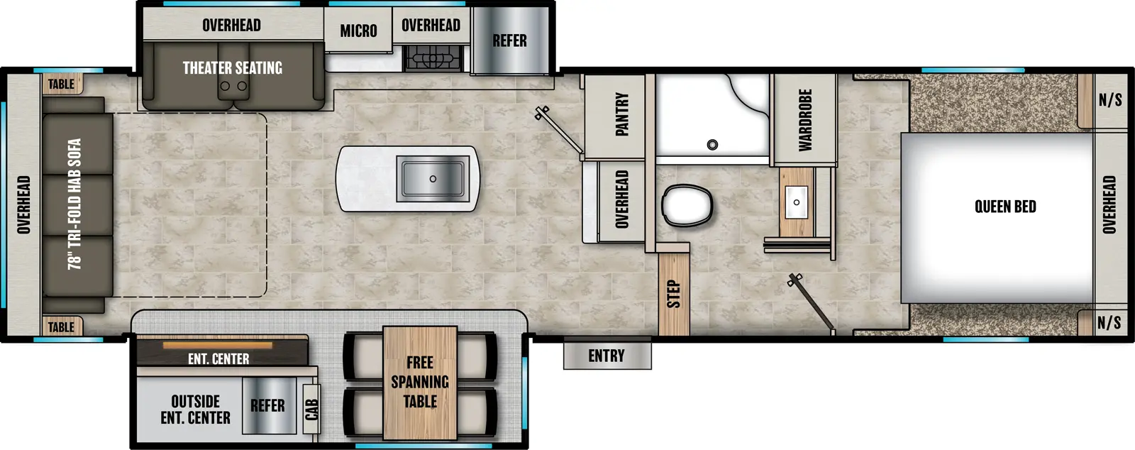 The Phoenix 284RL floorplan has one entry and two slide outs. Exterior features include: fiberglass exterior, 11' awning,  outside entertainment and outside kitchen. Interiors features include: kitchen island, free-standing dinette option, front bedroom and rear living.